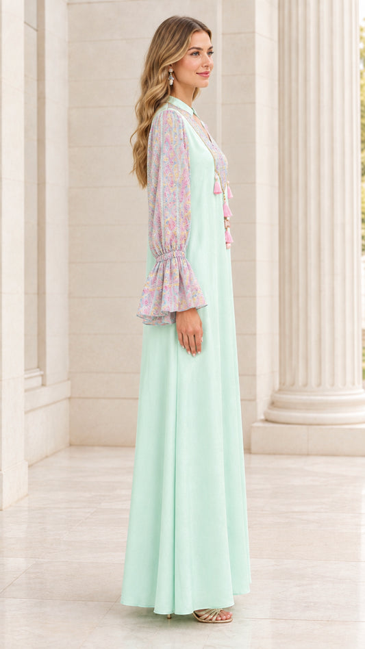 Side profile view of Mint Green long sleeve maxi dress