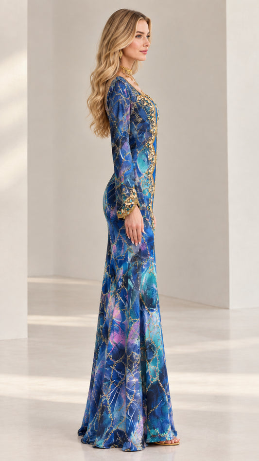Side profile view of royal blue floor-length long sleeve embroidered gown
