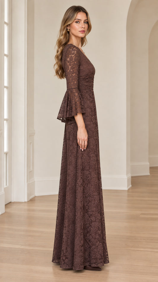 Side profile view of chocolate brown lace evening gown