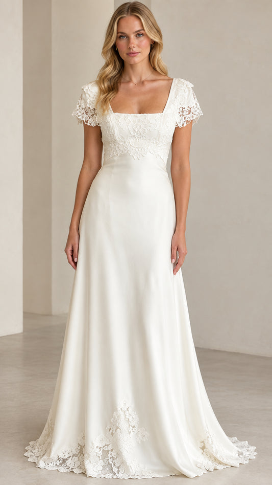 Full front view of white square-neck lace cap sleeve evening maxi dress