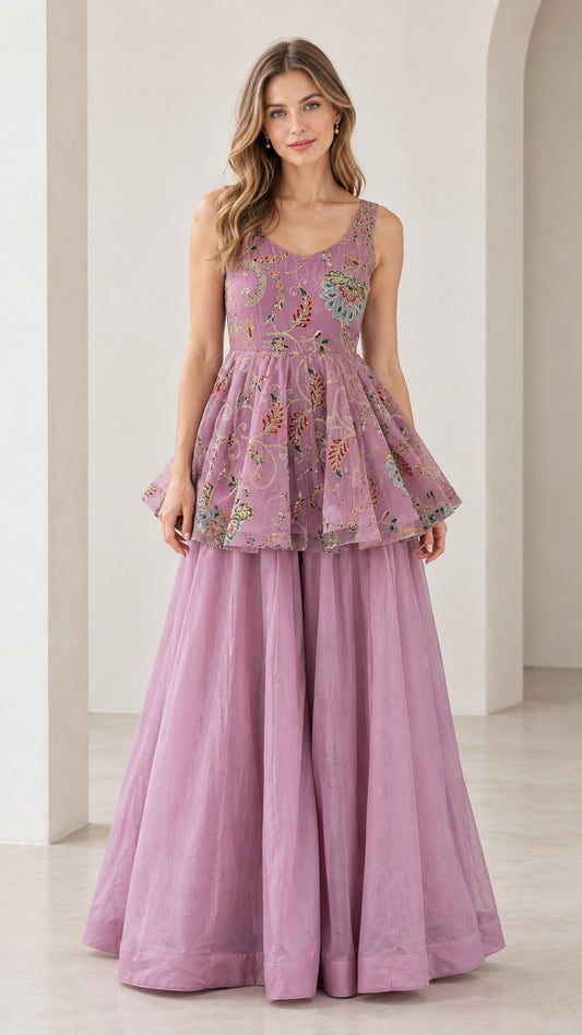 Front view of model wearing lilac embroidered peplum top and wide-leg palazzo pants set