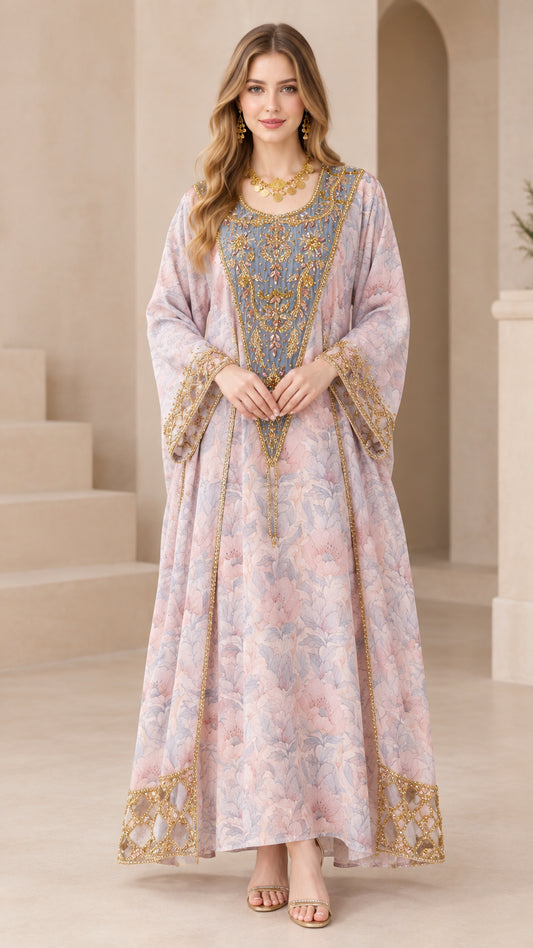 Front view of floral embroidered kaftan maxi dress in dusty pink