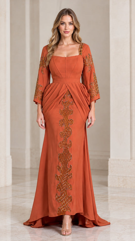 Front full-length view of model wearing rust orange beaded square neck evening gown