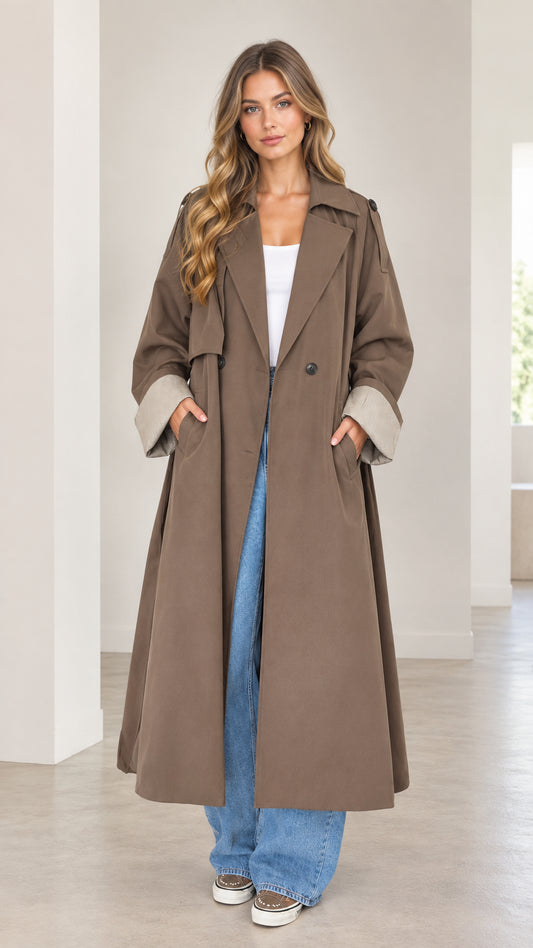 Front full-length view of woman wearing mocha brown oversized maxi trench coat with turned-up cuffs