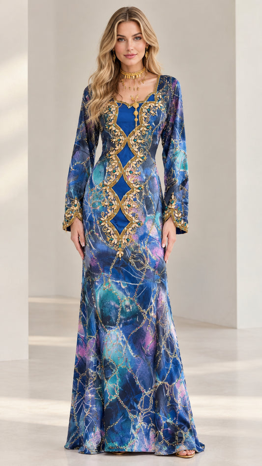 Front full-length view of royal blue marble print evening gown with gold embroidery