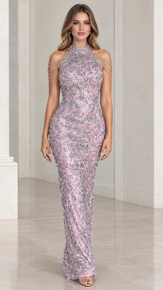 Front view of woman wearing pink sequin halter evening gown with draped shoulder chains