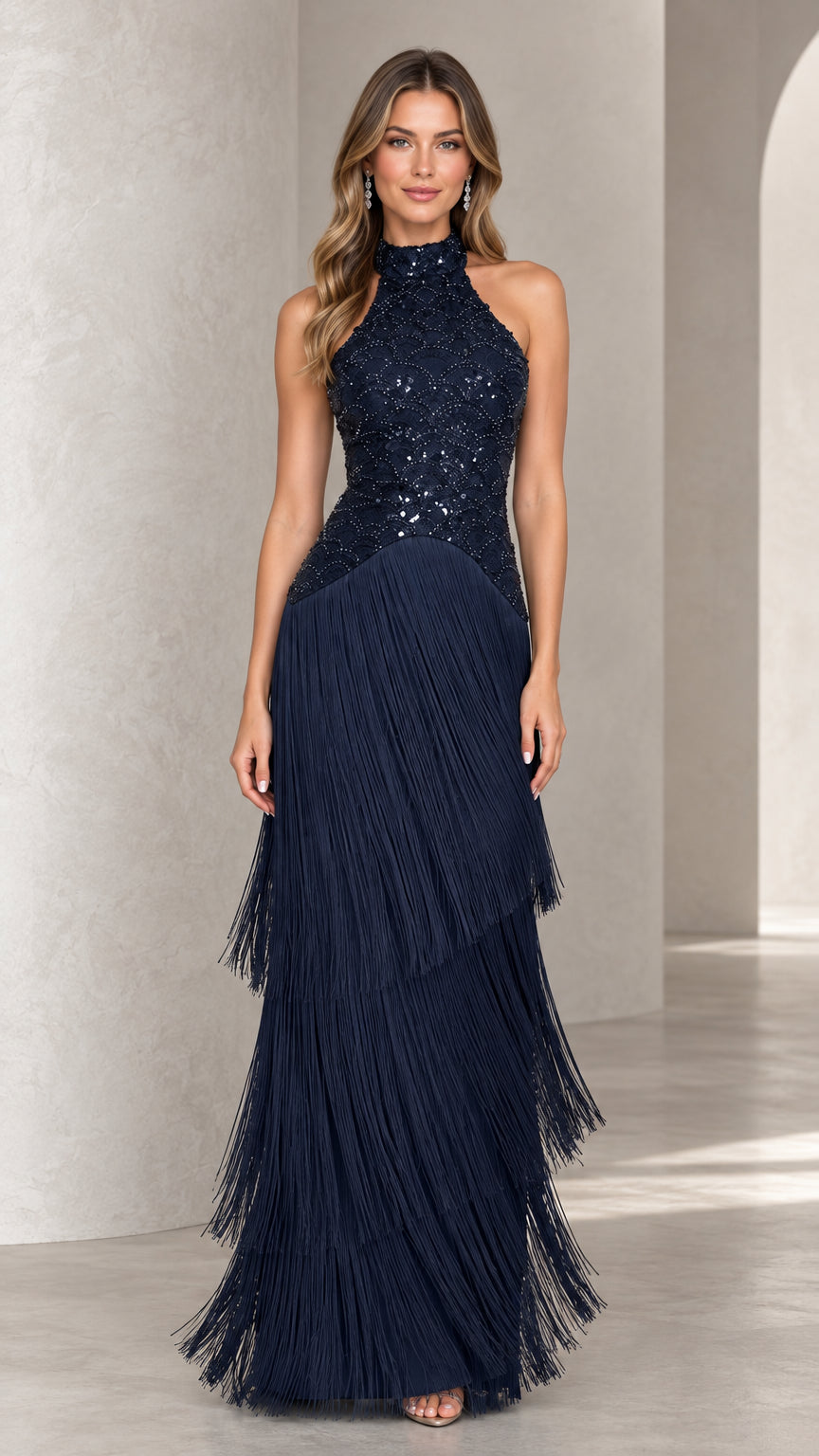 Full front view of navy blue halter sequin bodice tiered fringe maxi dress