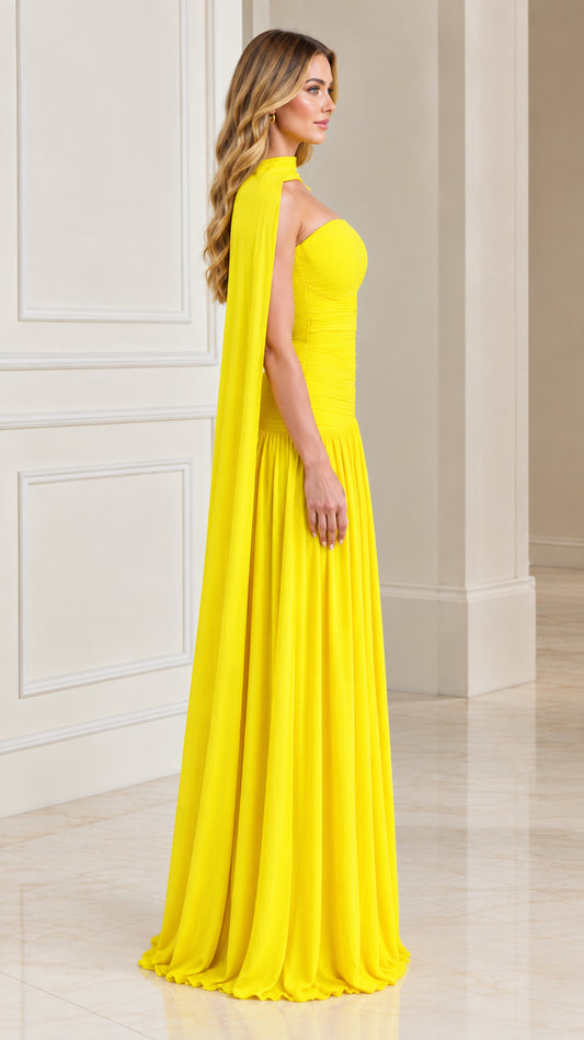 Yellow formal cape gown with fitted ruched bodice side profile view
